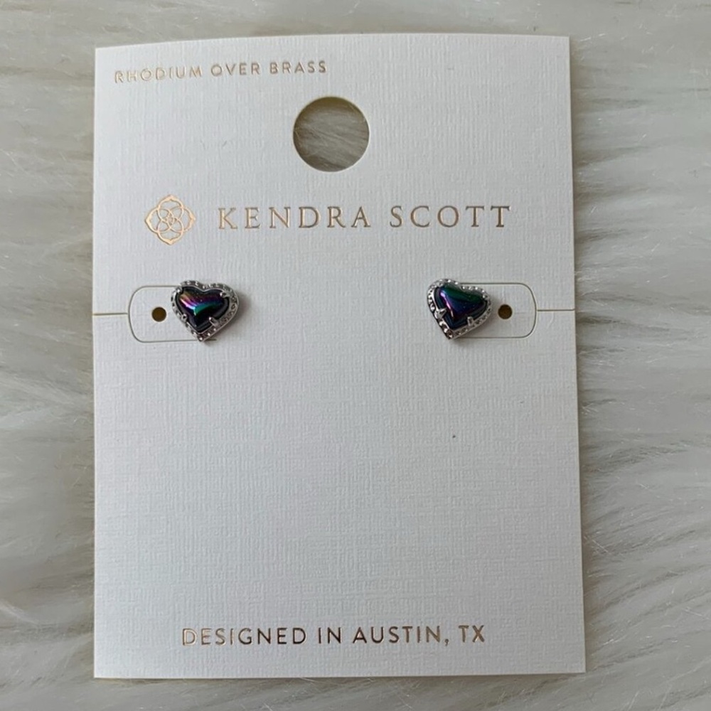 Kendra Scott Anna Heart Stud Earrings Navy Iridescent Rhodium Silver Tone NWT - Picture 2 of 7